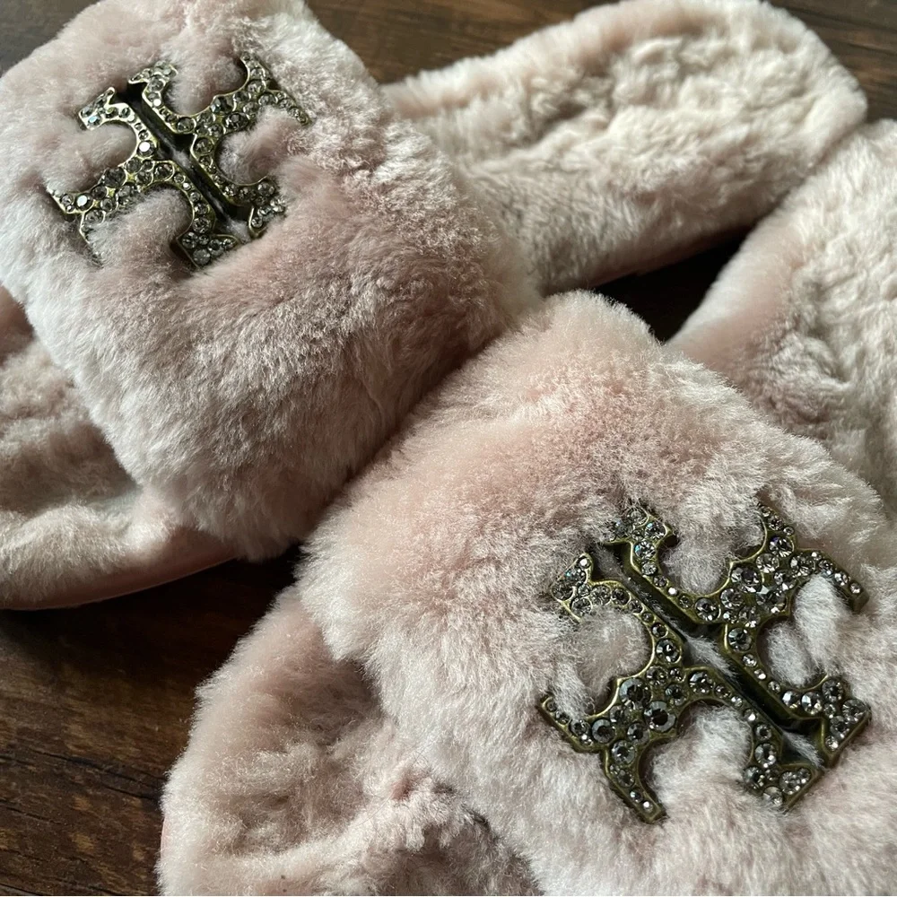 TORY BURCH Everly Jeweled Shearling Double T Shearling Slides in Pink- women’s 7 - Picture 4 of 7